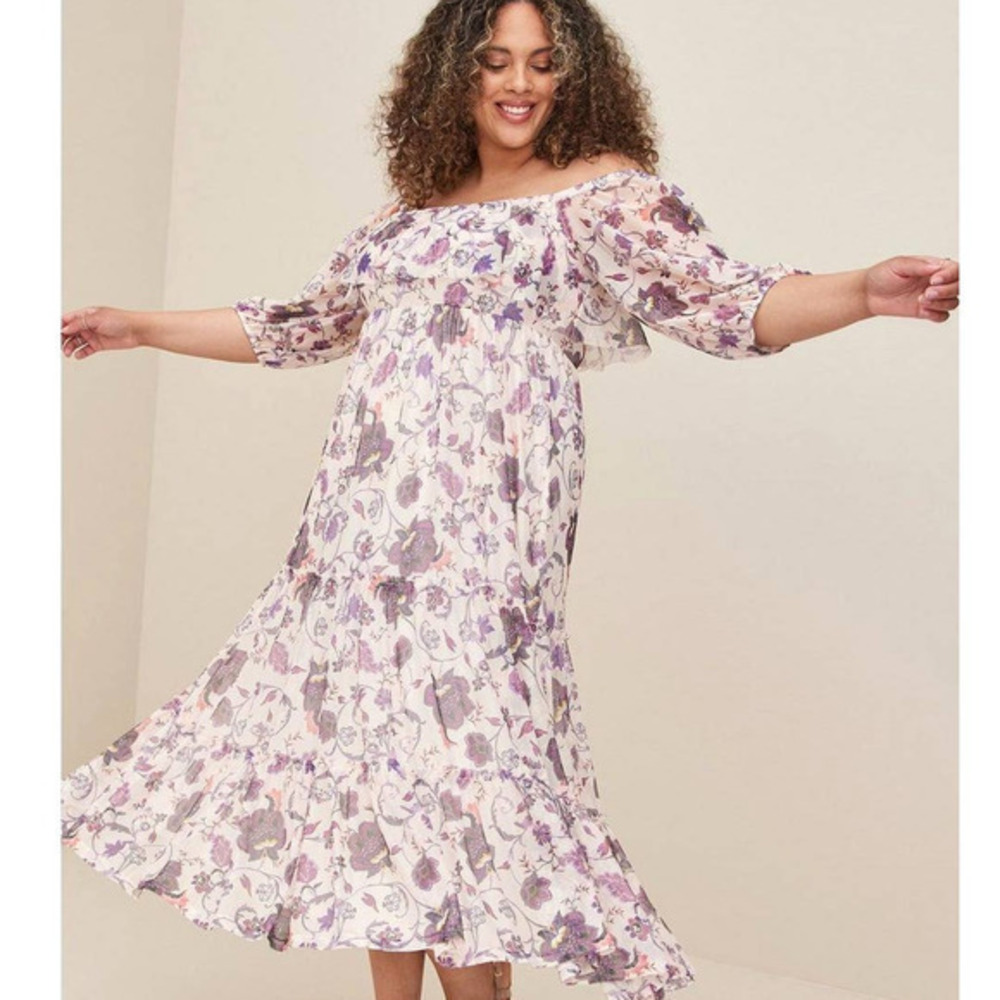 Torrid 1 (1X 14/16) Ivory/Purple Floral Off Shoulder Boho Mesh Tiered Midi Dress